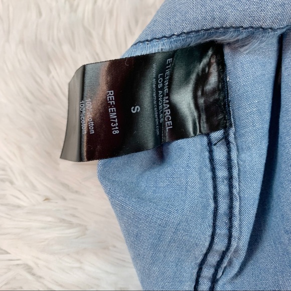 Etienne Marcel New Short Sleeve chambray Button-Up Top Embroidered US Navy blue - Picture 9 of 10